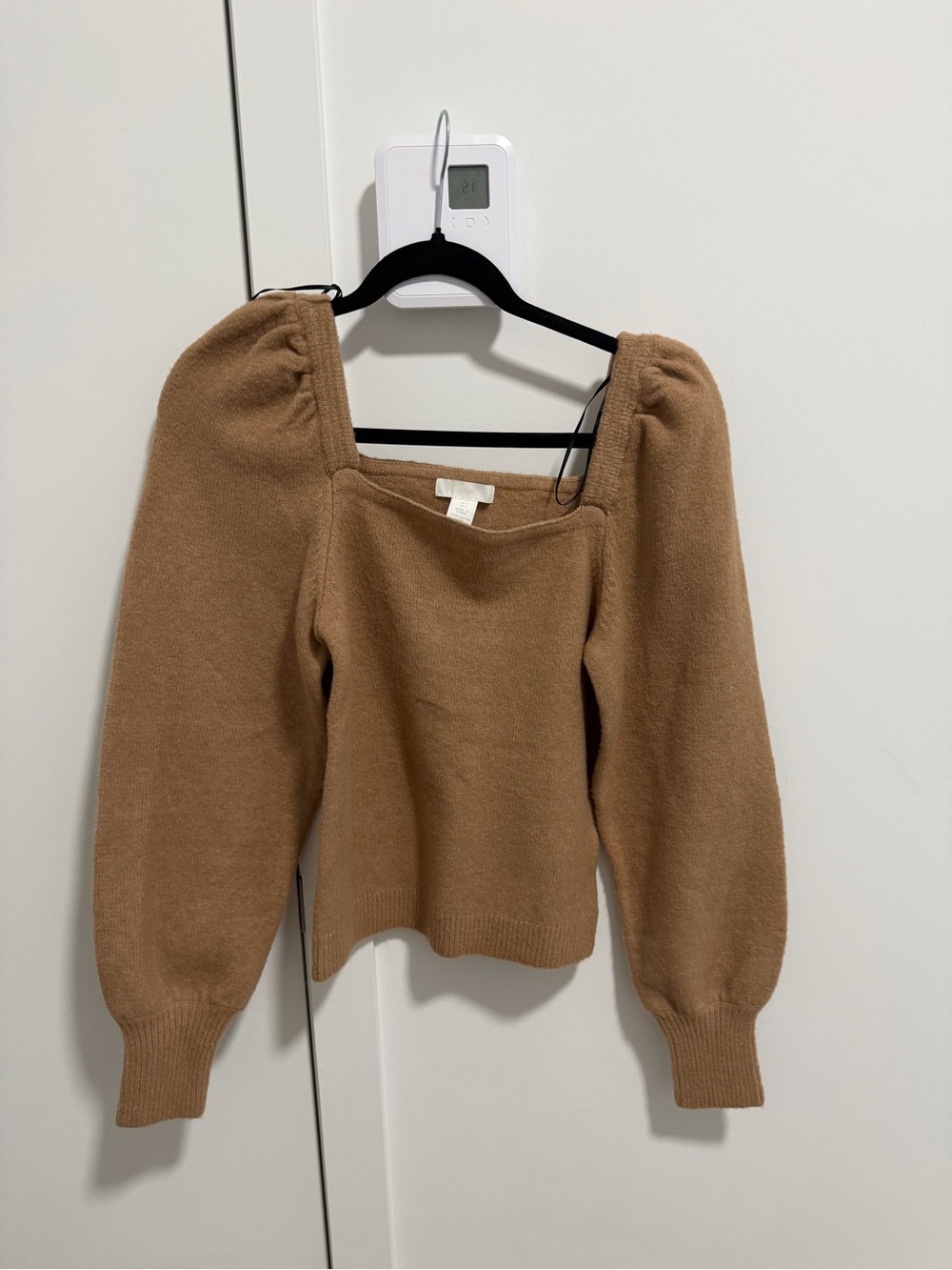 H&M Camel Off-the-Shoulder Puff Sleeve Sweater